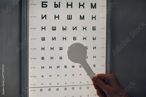 Cropped image of a person holding a pointer towards Snellen eye chart photo