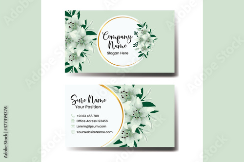 Business Card Template White Lily Flower .Double-sided Blue Colors. Flat Design Vector Illustration. Stationery Design