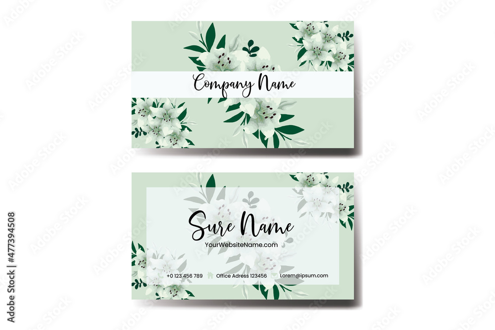 Business Card Template White Lily Flower .Double-sided Blue Colors. Flat Design Vector Illustration. Stationery Design
