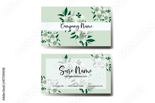 Business Card Template White Lily Flower .Double-sided Blue Colors. Flat Design Vector Illustration. Stationery Design