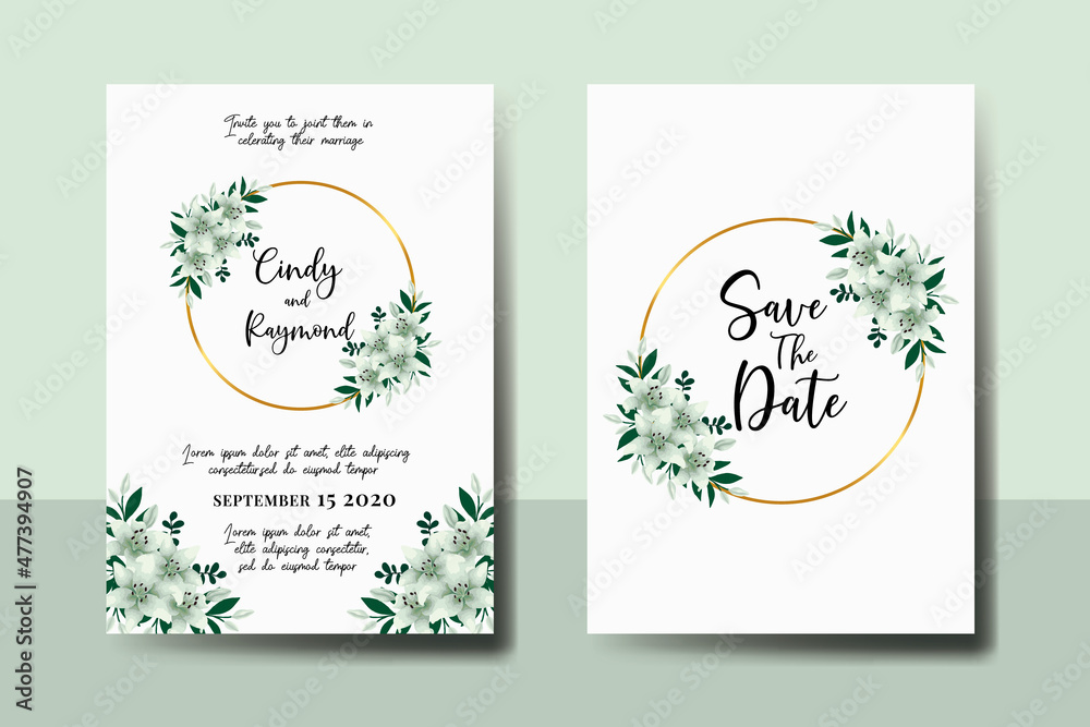Wedding invitation frame set, floral Digital watercolor hand drawn White Lily Flower design Invitation Card Template