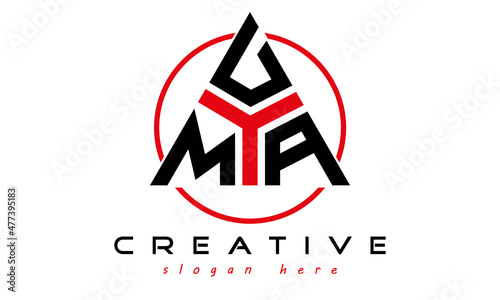 triangle badge with circle MUA letter logo design vector, business logo, icon shape logo, stylish logo template