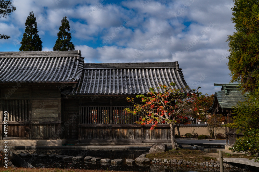Japanese garden with Japanese architecture is in autumn.