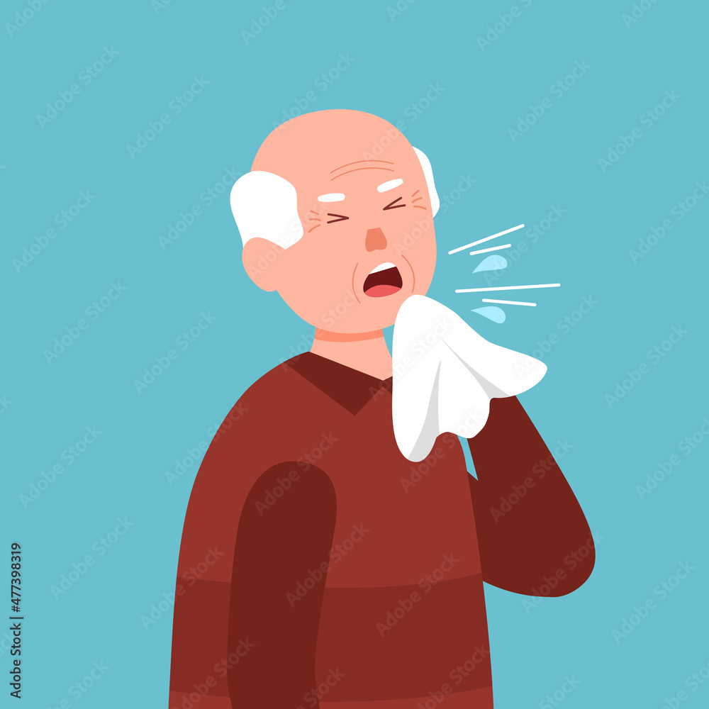 Senior man coughing concept vector illustration. Sick person from cold, flu and virus, influenza in flat design. Old man holding handkerchief sneeze and cough. - obrazy, fototapety, plakaty 