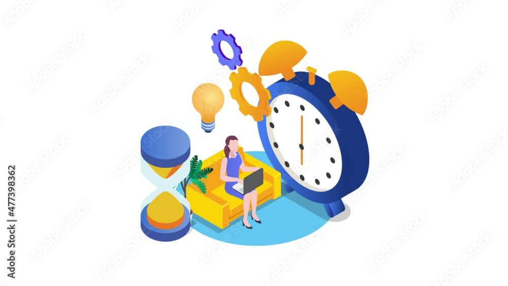 Young woman working near hourglass in office Young woman working near hourglass in office