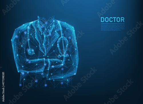 doctor uniform with stethoscope low poly wireframe. Healthcare, medical and hospital concept. consisting of dots, lines, and shapes. vector illustration futuristic style. copy space for text input.