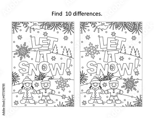 "Let it snow!" - winter or winter holidays find ten differences picture puzzle and coloring page

