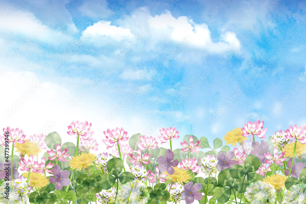 春の花畑の風景 水彩画 Stock Illustration Adobe Stock