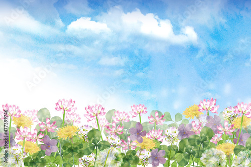 春の花畑の風景　水彩画