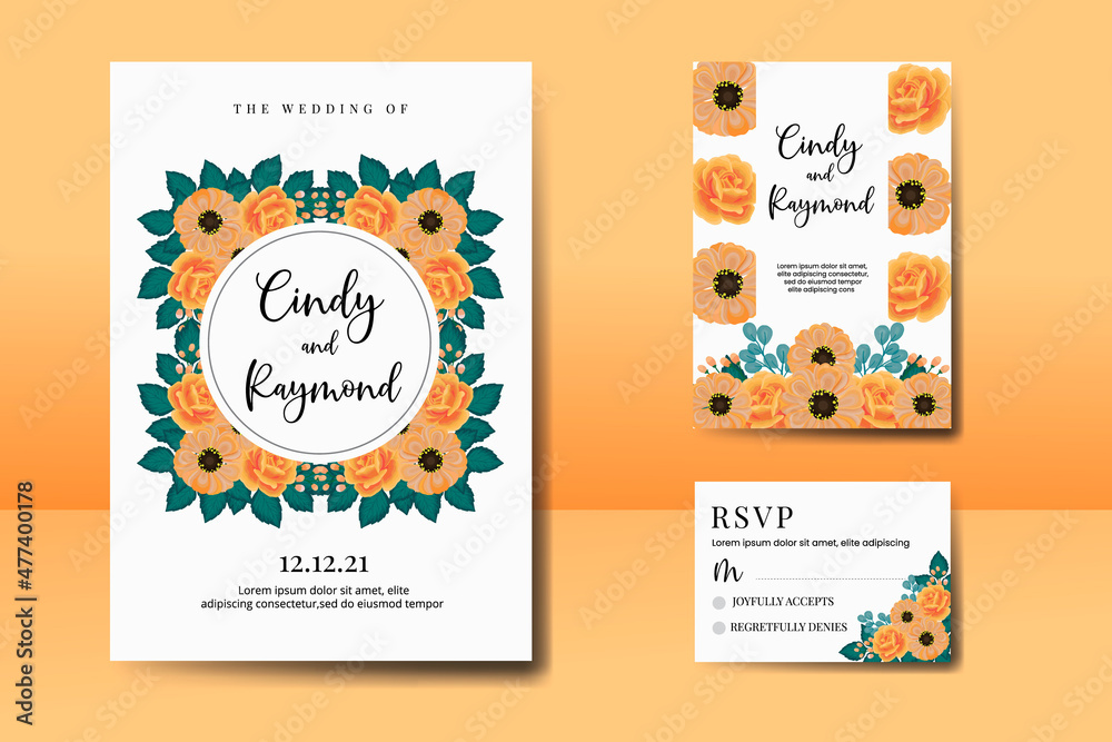 Wedding invitation frame set, floral watercolor Digital hand drawn Orange Rose and Anemone Flower design Invitation Card Template