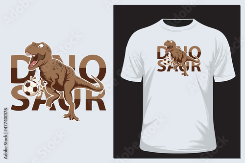 vector illustration of a cute dinosaur playing soccer. suitable for sticker, t shirt, logo.
