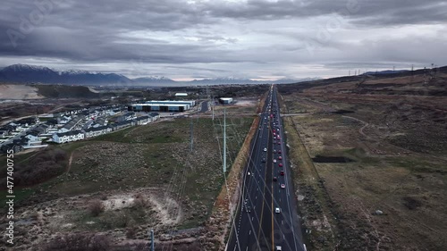 Awesome Aerial view of S Redwood Road and Beautiful Landscape in Bluffdale Utah, Truck Left and Panning Movement photo