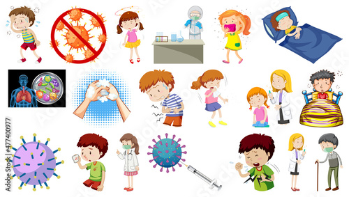 Set of sick people with different symptoms