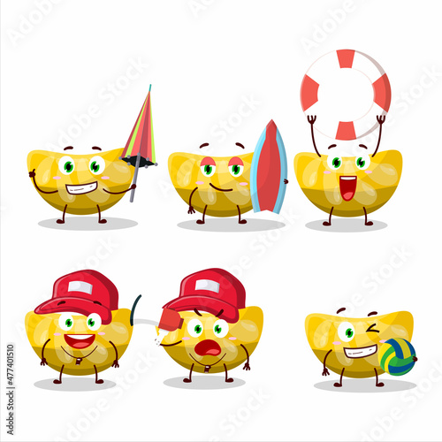Happy Face orange gummy candy cartoon character playing on a beach