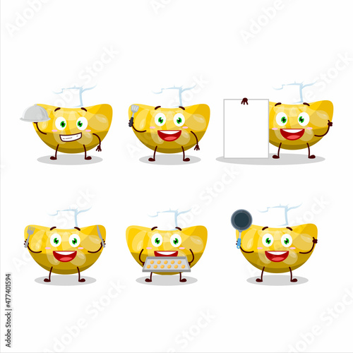 Cartoon character of orange gummy candy with various chef emoticons