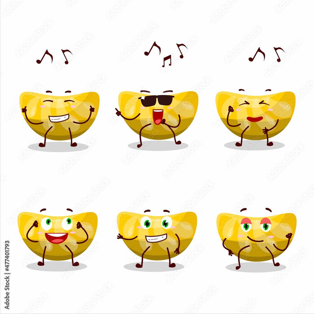 An image of orange gummy candy dancer cartoon character enjoying the music An image of orange gummy candy dancer cartoon character enjoying the music