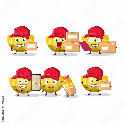 Cartoon character design of orange gummy candy working as a courier