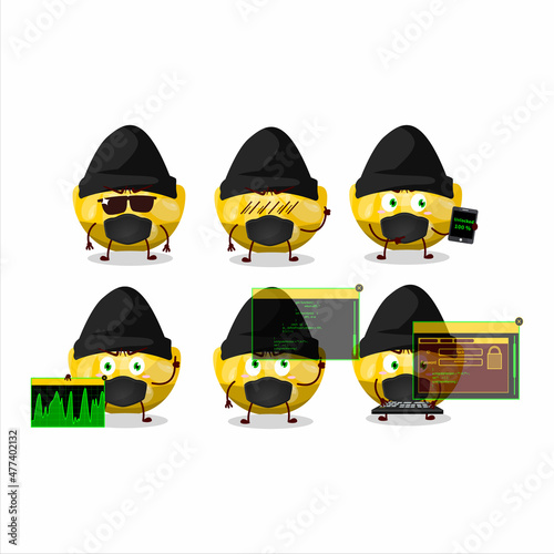 A Hacker orange gummy candy character mascot with