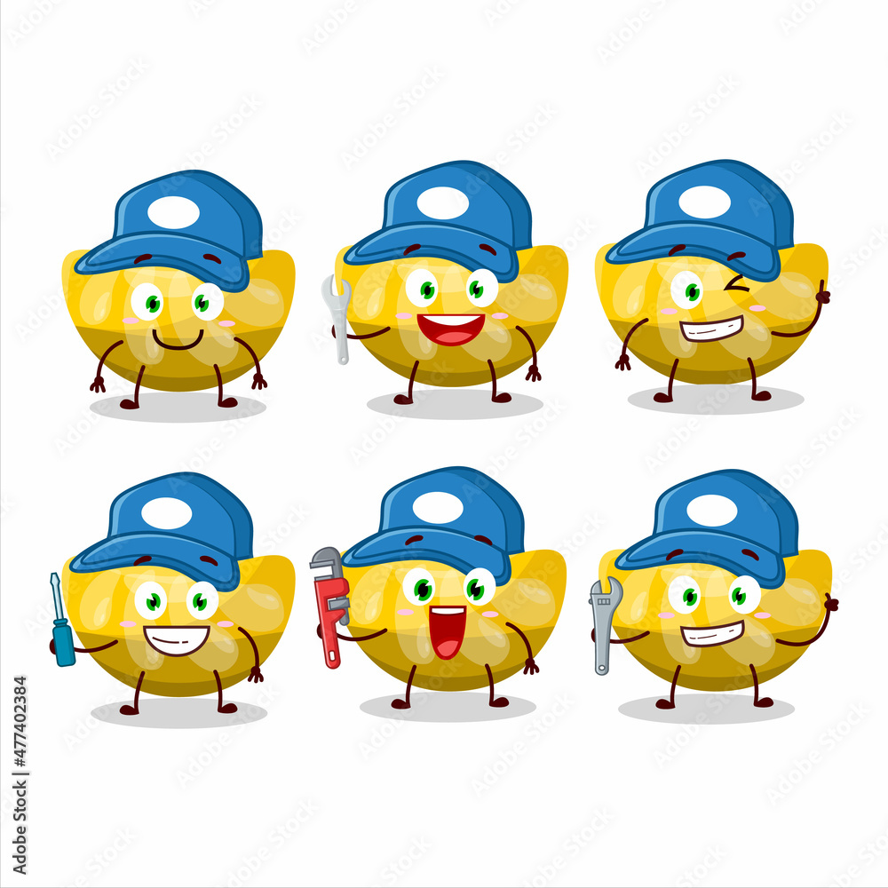 mechanic orange gummy candy cute mascot character with pliers mechanic orange gummy candy cute mascot character with pliers