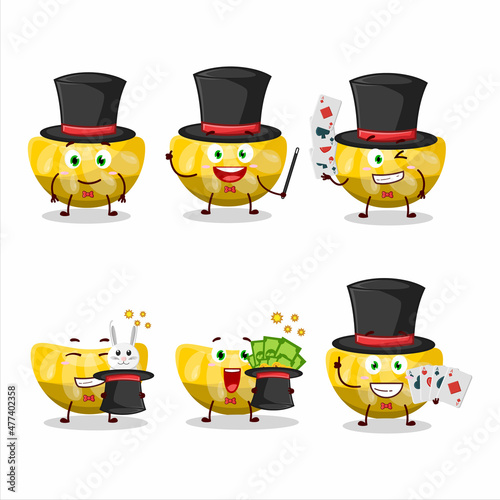 A orange gummy candy Magician cartoon character perform on a stage