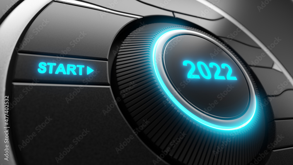 Start 2022. Happy New Year button. 3D illustration - obrazy, fototapety, plakaty 