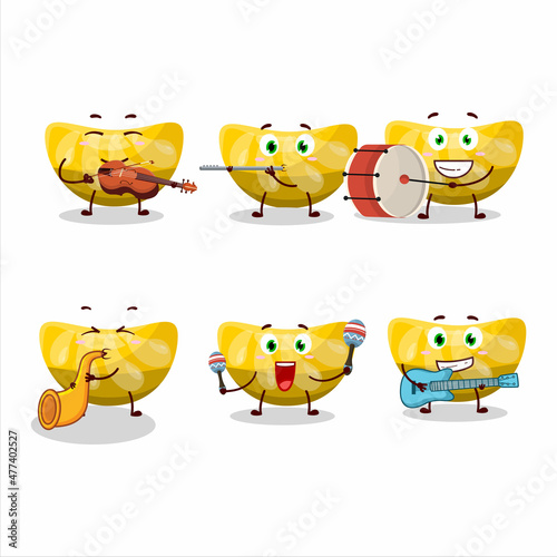 Cartoon character of orange gummy candy playing some musical instruments