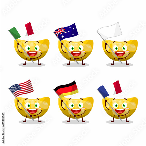 Orange gummy candy cartoon character bring the flags of various countries