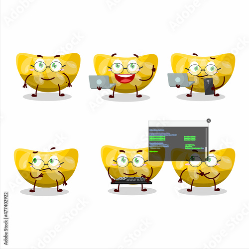 Orange gummy candy Programmer cute cartoon character with