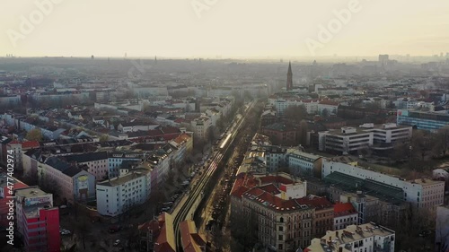 Aerial panoramic view of Kreuzberg with Skalitzer street and the u1 metro yeloow ubahn bridge and railtrack, Berlin, Germany photo