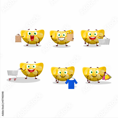 A Rich orange gummy candy mascot design style going shopping