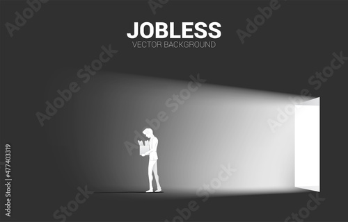 Unemployment man walk away from the door. Concept for end of career and jobless.