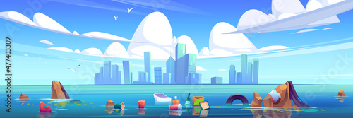 Lake with plastic trash floating in water and city buildings on skyline. Vector cartoon illustration of sea pollution by waste and garbage. Landscape with skyscrapers on horizon and polluted river