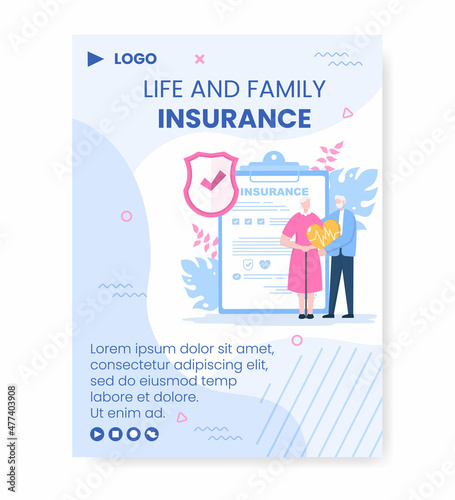 Family Life Insurance Poster Template Flat Design Editable Illustration Square Background to Social Media or Greeting Card