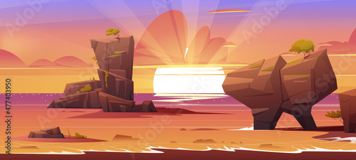 Sunset in ocean with rocks sticking up of water. Tranquil nature landscape with surf sea waves under dusk sky with pink clouds and bright sun beams. Rocky shore with sand, Cartoon vector illustration