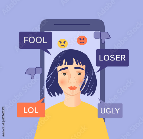 vector illustration on the theme of cyber bullying. crying girl. behind her is a smartphone from the screen of which curses and negativity are flying. trend illustration in flat style