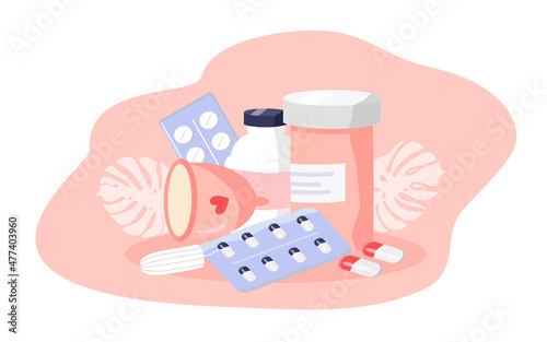 vector illustration on the theme of periods, pain during menstruation. Vials, tablets, pain reliever, menstrual cup, tampon. flat style illustration