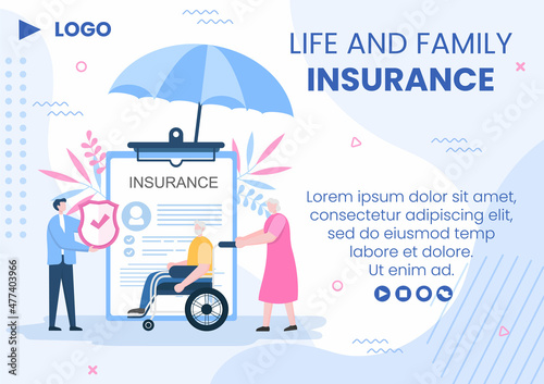 Family Life Insurance Brochure Template Flat Design Editable Illustration Square Background to Social Media or Greeting Card