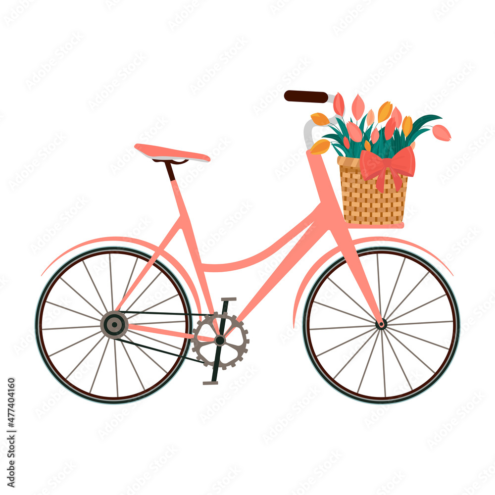 Pink women's bicycle with a basket of spring flowers of tulips and a bow.