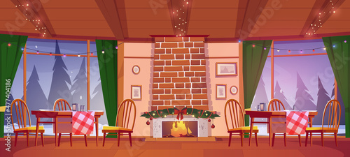 Pizzeria or family cafe with Christmas decor, burning fireplace, garlands and wide windows with winter forest landscape. Cafeteria with rustic wooden tables and chairs, Cartoon vector illustration