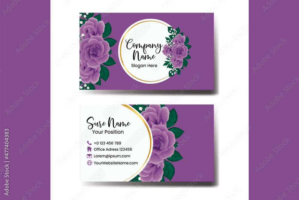 Fototapeta premium Business Card Template Purple Rose Flower .Double-sided Purple Colors. Flat Design Vector Illustration. Stationery Design