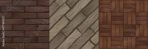 Game textures of wooden panels and bricks seamless pattern. Vector backgrounds brown grunge old wood tile parquet floor, laminate, hardwood parquetry design. Rectangle flooring slabs ui graphics set