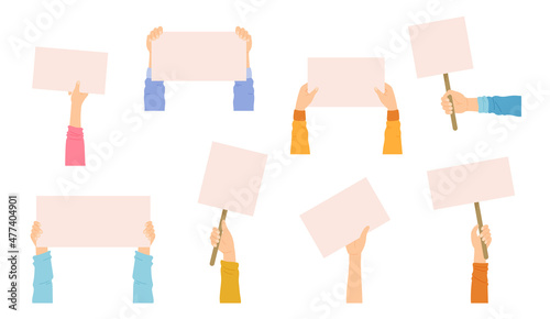 People hands holding blank banners and placards. Template for demonstration, riot, picket or business campaign, announcement, advertising. Vector flat set of activists hands with empty posters