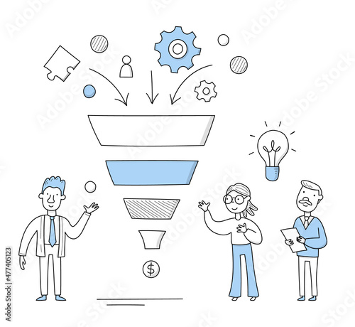 Business funnel concept with people and sales funnel. Vector doodle illustration of internet marketing strategy, diagram of online customer traffic management