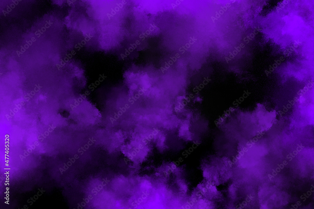 abstract explosion purple powder multicolor dust explode paint splash cloud pattern on black.