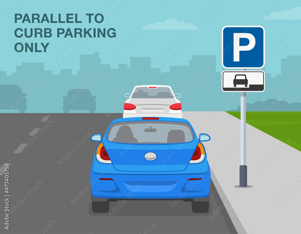 Outdoor parking rules. Back view of a parked cars on a city road