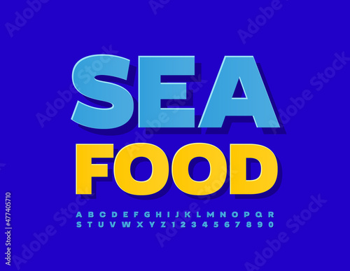 Vector modern sign Seafood for Cafe, Menu, Store. Blue sticker Alphabet Letters and Numbers set. Creative bright Font