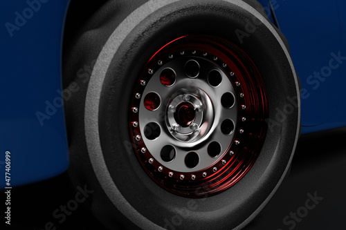 3d illustration close up of the car wheel with alloy wheel and new rubber on a car closeup.