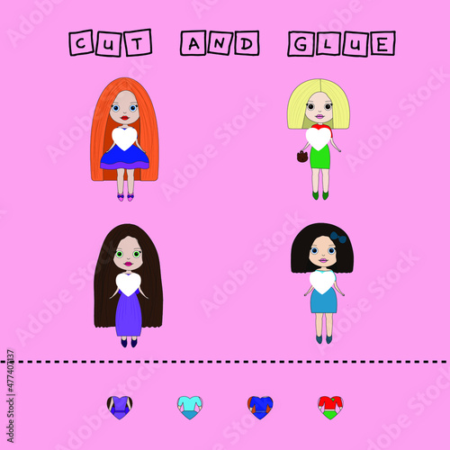 worksheet vector design, the task is to cut and glue a piece on colorful dolls. Logic game for children. 