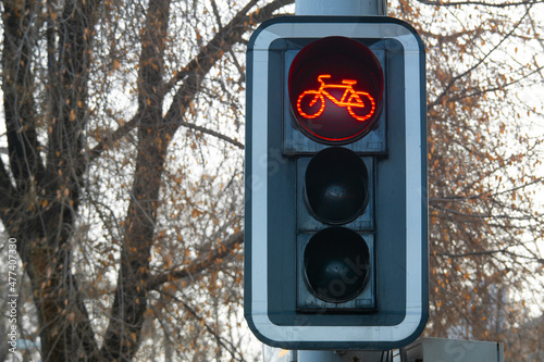 Red bike sign on a traffic light for bicycle close-up. Stop bike
