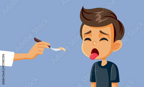 Little Boy Disliking the Medicine Vector Cartoon Illustration